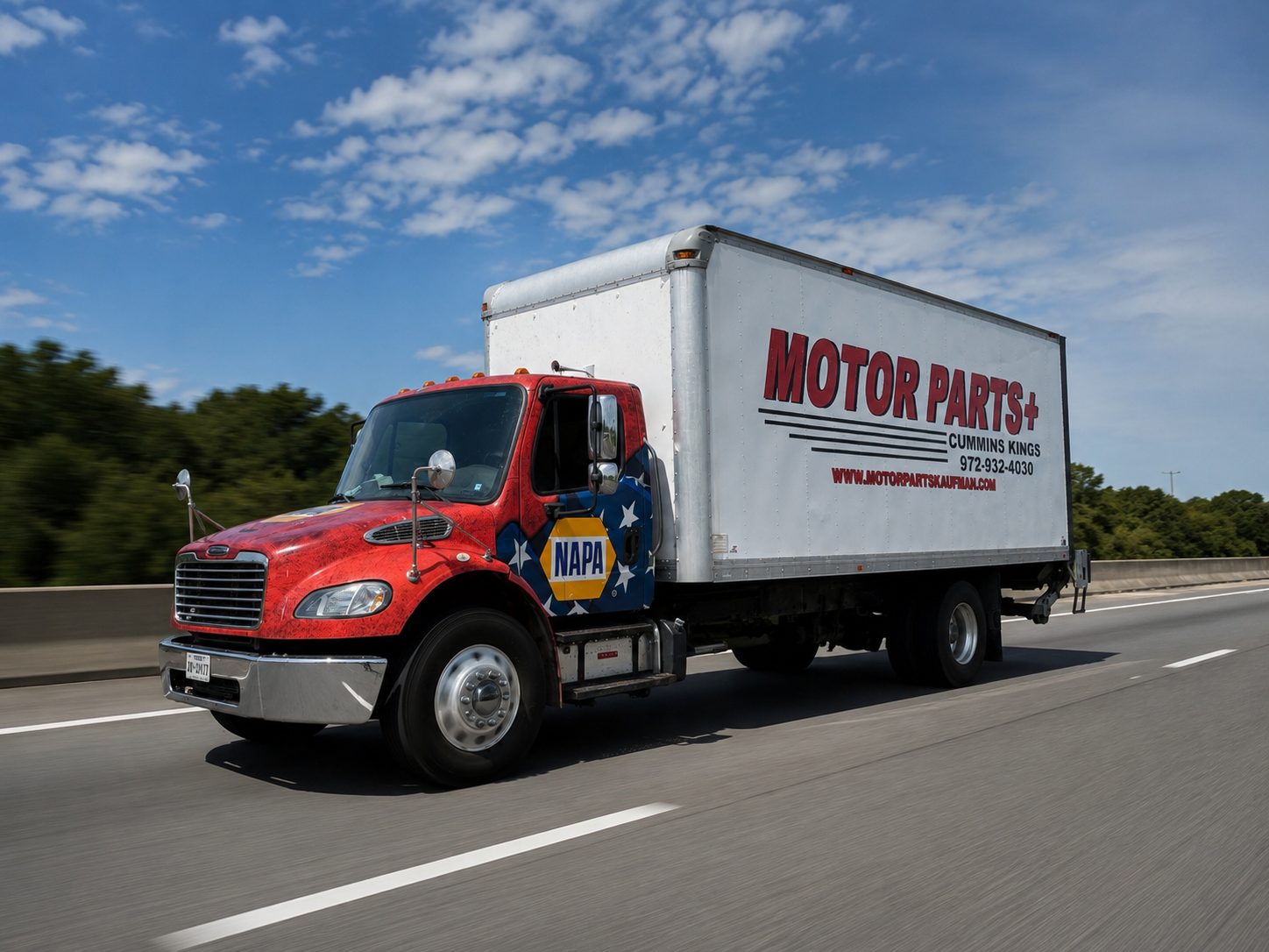 Motor Parts + branded delivery truck on the highway
