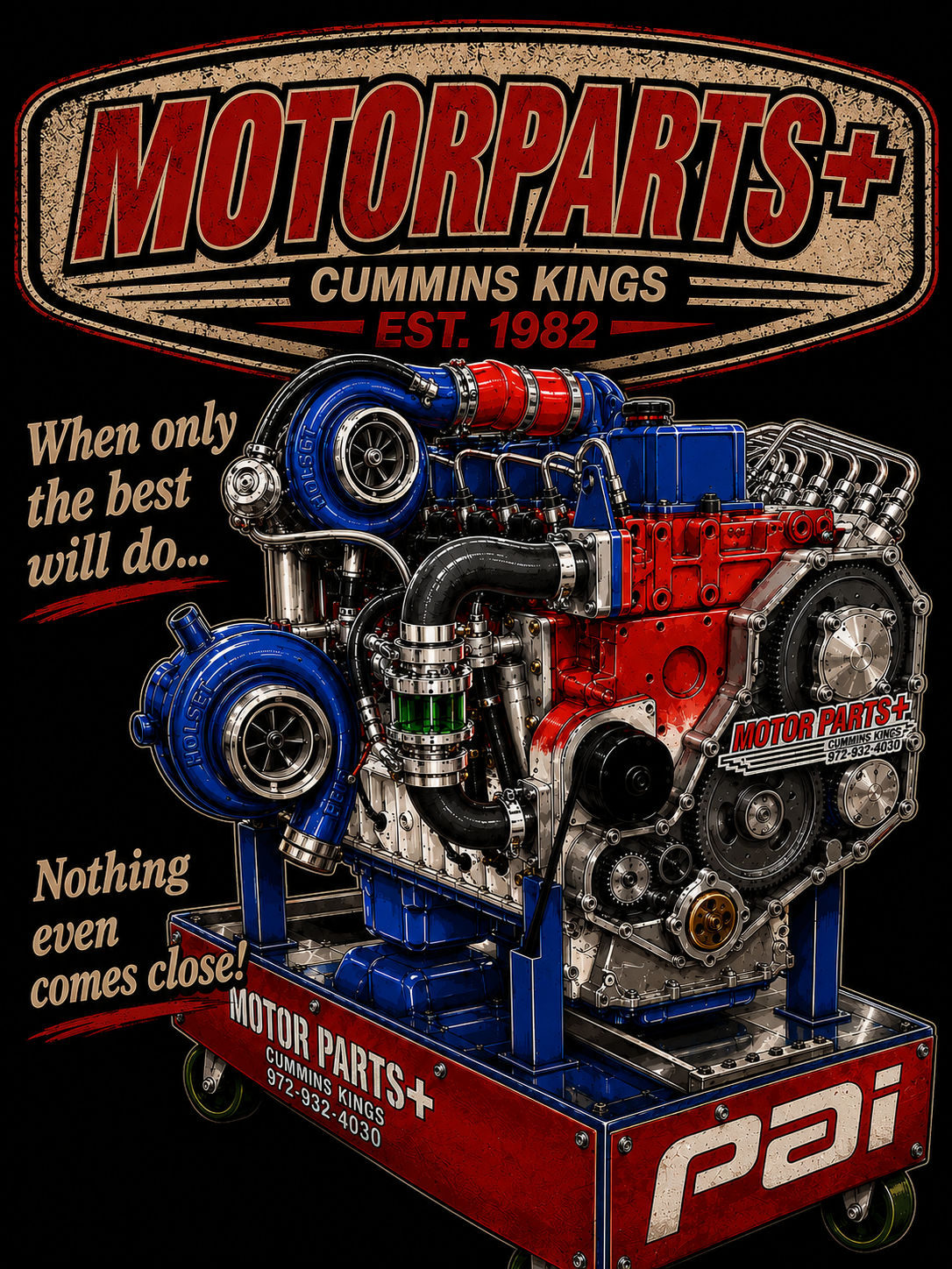 Motor Parts + Cummins Kings custom-built diesel engine on display cart