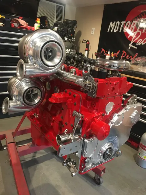 Red engine with twin turbochargers