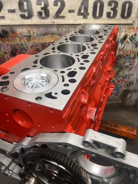 Piston and deck detail on a red engine