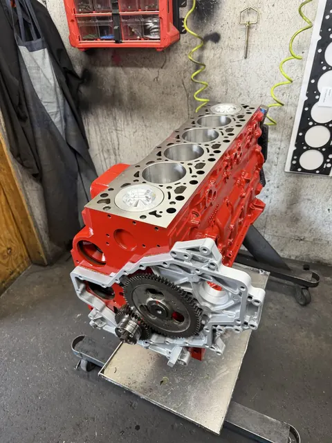 Red engine build on a work stand