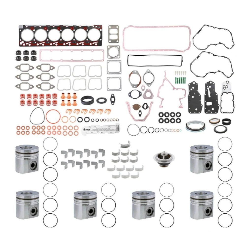 PAI Engine Overhaul Kit for Cummins 5.9 12 Valve 1994-1998 — pistons, rings, bearings, gaskets and seals laid out