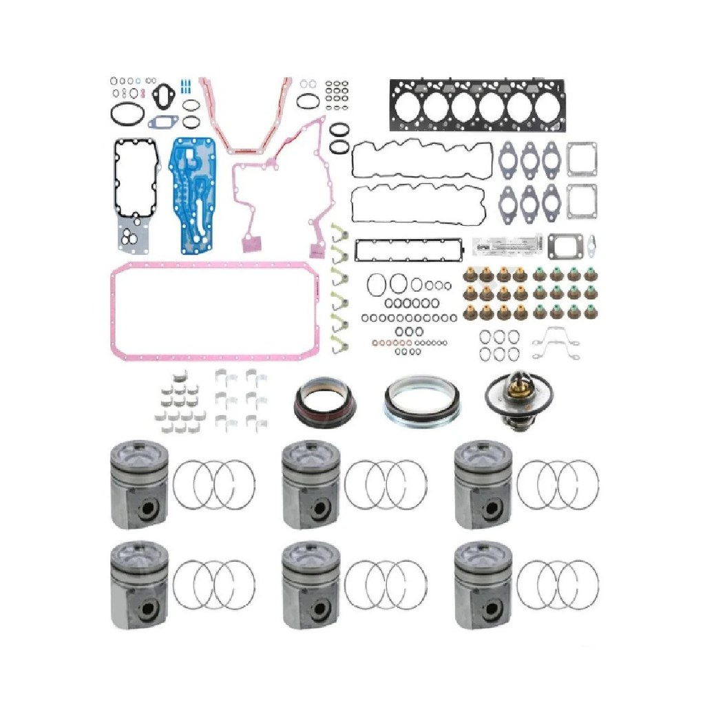PAI Engine Overhaul Kit for Cummins 5.9 24 Valve 2003-2004.5 — pistons, rings, bearings, gaskets and seals laid out