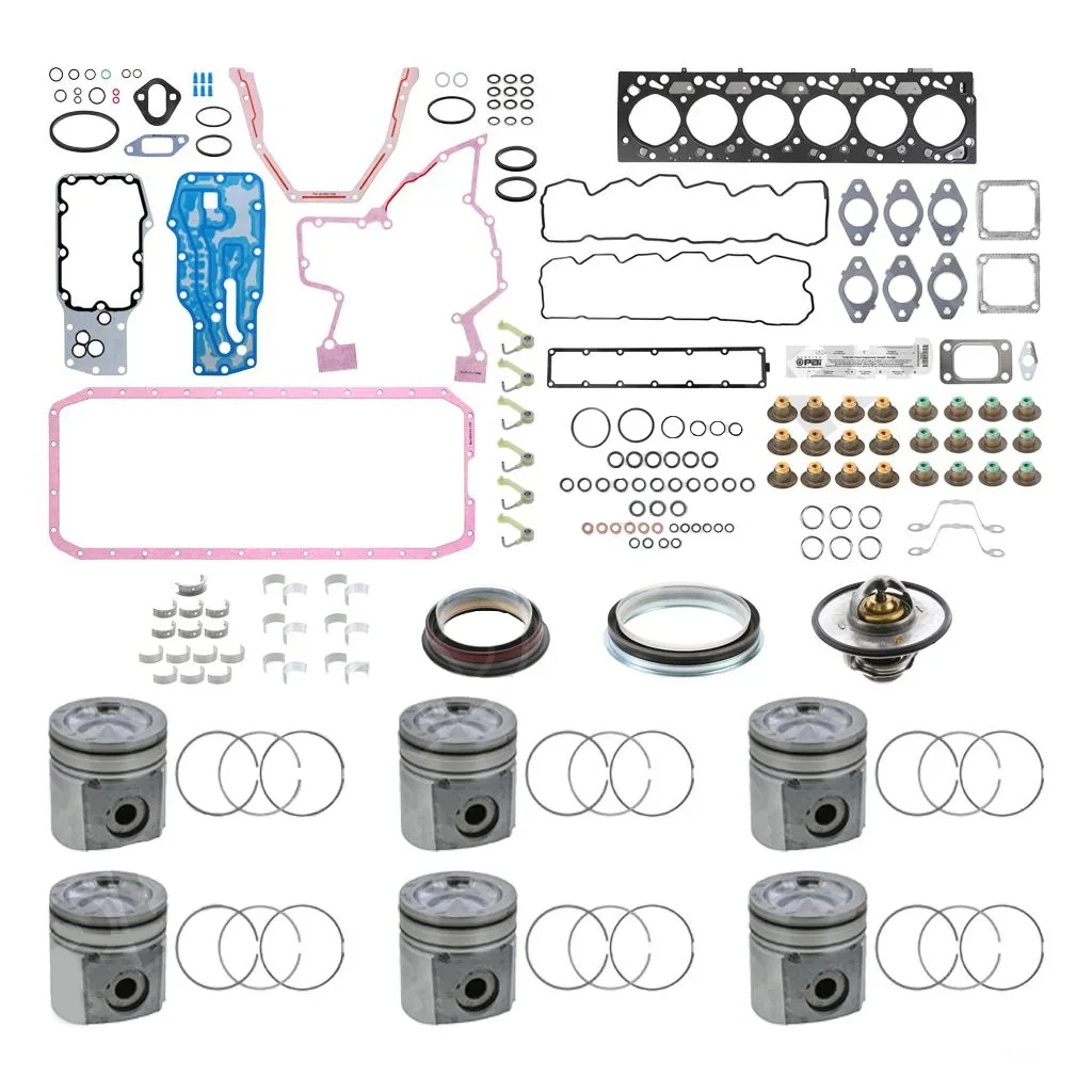 PAI Engine Overhaul Kit for Cummins 5.9 24 Valve 04.5-07 — pistons, rings, bearings, gaskets, seals, valves and thermostat laid out