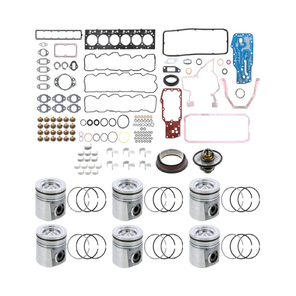 PAI Engine Overhaul Kit for Cummins 6.7 24 Valve 2007.5-2018 — pistons, rings, bearings, gaskets and seals laid out